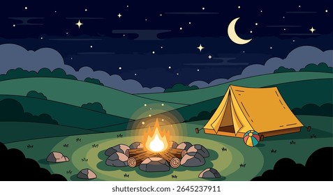 Night Camping Scene with Tent, Campfire, and Mountains - Vector Illustration