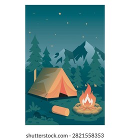 Night Camping Tent and Campfire Under Starry Mountain Sky Poster