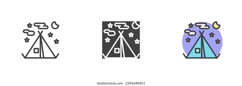 Night camping tent different style icon set. Line, glyph and filled outline colorful version, outline and filled vector sign. Symbol, logo illustration. Vector graphics