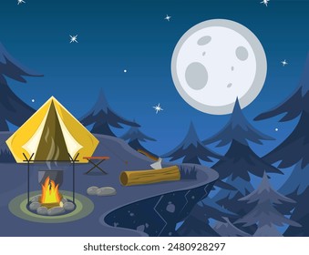 Night camping with a tent in the forest. Cooking on a fire. Vector illustration.