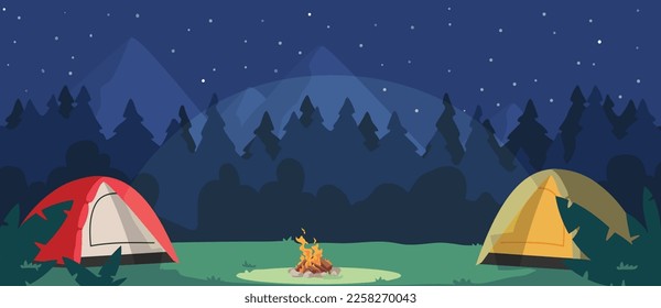 Night Camping With Tents And Campfire. Tourist Place In Dark Forest. Cozy Traveler Halt On Nature Landscape With Trees And Dark Starry Sky Scenery View. Camp Hiking Scene. Cartoon Vector Illustration