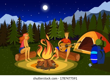 Night camping vector illustration. Cartoon flat happy couple campers people sitting at campfire together, singing song, playing guitar in forest mountain nature landscape, summer adventure background