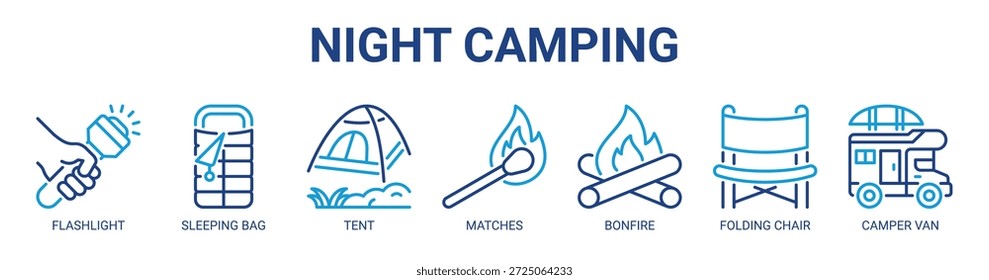 Night Camping web banner ícone vetor ilustração conceito com ícone de lanterna, lanterna, saco de dormir, barraca, fósforos, fogueira, cadeira dobrável.