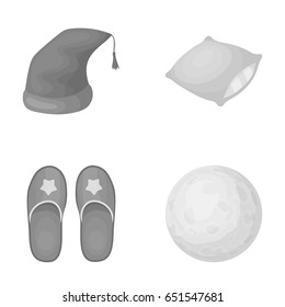 Night cap, pillow, slippers, moon. Rest and sleep set collection icons in monochrome style vector symbol stock illustration web.