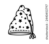 Night cap vector icon. Cute sleeping hat with stars, pompom. Cotton headdress for rest, dreams, relaxation. Hand drawn doodle, black and white sketch. Baby nap clothes. Funny clipart for print, web