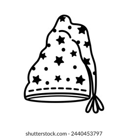 Icono de vector de gorra nocturna. Lindo sombrero de dormir con estrellas, pompón. Tocado de algodón para el descanso, los sueños, la relajación. Dibujado a mano garabato, boceto en blanco y negro. Ropa de siesta de bebé. Divertido clipart para imprimir, web