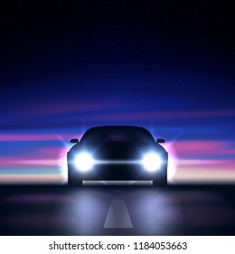 Night car with bright headlights against the background of a colorful starry sky, approaching along a dark road, the silhouette of a car with xenon and led headlights, vector illustration