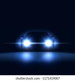 Night car with bright headlights approaching in the dark, silhouette of car with xenon headlights in the showroom, vector illustration svg