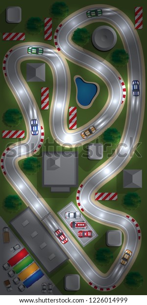 Night car
race. View from above. Vector
illustration.