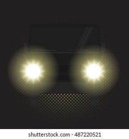 Night car, truck with headlights in the dark, vector illustration. Yellow headlights and car in the dark. Night headlights on road. Car silhouette in the dark.
