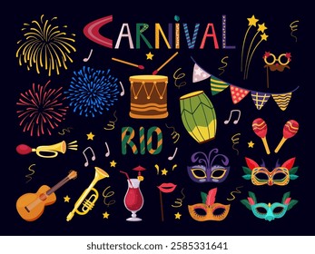 Night carnival elements set. Fireworks, masks, drums, guitar, maracas, pipes, trumpet, beach cocktail, garland of flags. Vector illustration.