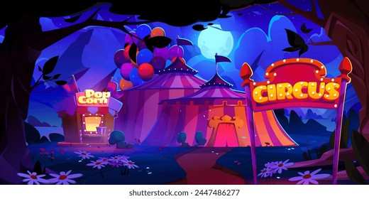 Night carnival park entrance with circus amusement illustration. Fun childish festival cartoon design with neon marquee light. Weekend in forest fairground. Attraction and celebration with balloon