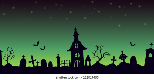 Night cartoon cemetery landscape, seamless background with graves and chapel silhouettes