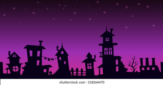 Night cartoon landscape, seamless  background with houses silhouettes 