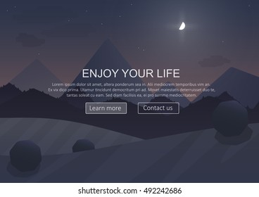 Night cartoon Mountain Landscape Background with trees and moon. Website header banner elements layout. Presentation, flyer and poster