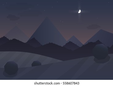 Night cartoon Mountain Landscape Background with trees and moon. Vector illustration
