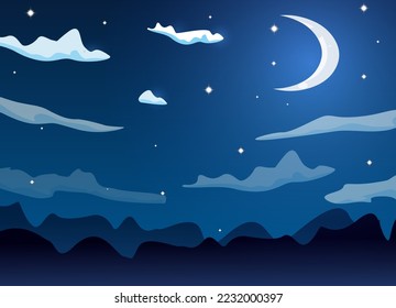 Night cartoon sky with clouds, full moon, moonlight and stars vector background design.