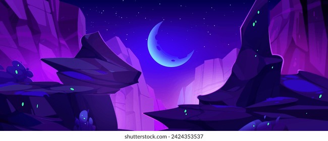 Night cartoon vector landscape with high rocky cliff edges over chasm on background of dark blue sky with stars and crescent moon. Mystic purple light from gap canyon surrounded by stone mountains.