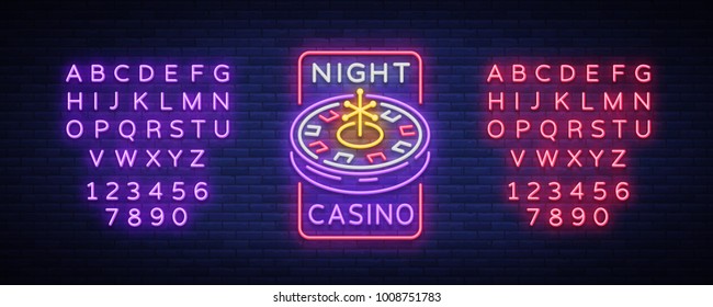 Night casino logo in neon style. Roulette Neon sign, luminous banner, night billboard, bright advertisement of casinos, gaming machines and gambling. Vector illustration. Editing text neon sign