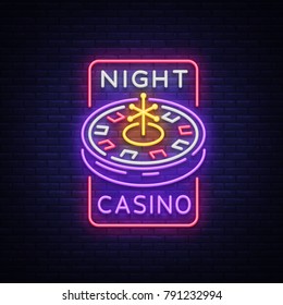 Night casino logo in neon style. Roulette Neon sign, bright luminous banner, night billboard, bright advertisement of casinos, gaming machines and gambling for your projects. Vector illustration