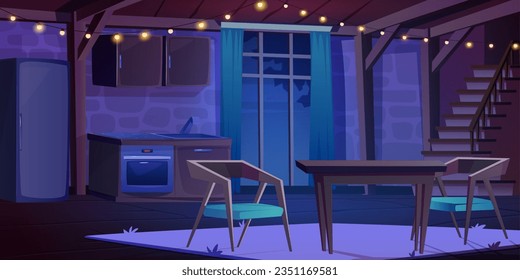 Night castle kitchen interior with dining table cartoon vector illustration. Vintage indoor design with fridge, cupboard and sink for game location. Garland bulb light in dark palace apartment