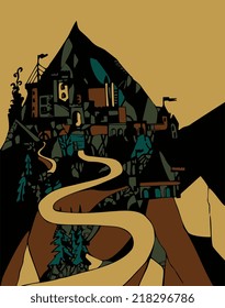 Night castle in the mountains. Vector illustration.