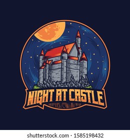 Night At Castle Vector Illustration