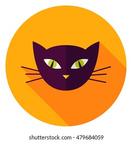 Night Cat Face Circle Icon. Flat Design Vector Illustration with Long Shadow. Witch Animal Symbol.