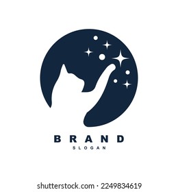 night cat logo design with moon and star vector