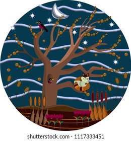 Night cat. Cat on the tree. Fabulous story for children.	