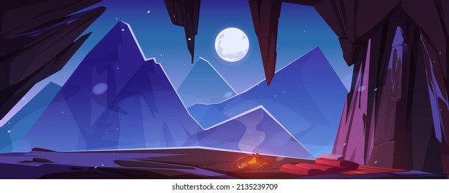 Night cave in mountain with campfire and sleeping bag, tourist overnight place in grotto with beautiful view on rocks under starry sky with full moon and stalactites inside Cartoon vector illustration