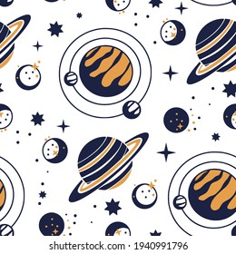 Night celestial star planet moon vector astrology astronomy luxury seamless pattern. Galaxy outer space fantasy futuristic imagination map. Ornate elegance art