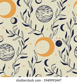 Night celestial star planet moon vector astrology astronomy luxury seamless pattern. Galaxy outer space fantasy futuristic imagination map. Ornate elegance art