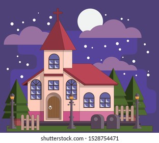 Night cemetery. Church. Vector illustration.