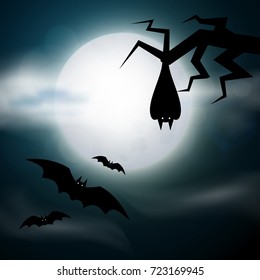 Night cemetery, crosses, tombstones and graves. Colorful scary Halloween illustration. Vector