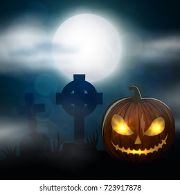 Night cemetery, crosses, tombstones and graves. Colorful scary Halloween illustration. Vector