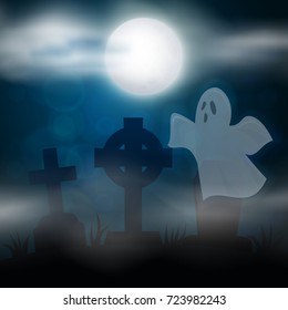 Night cemetery, crosses, tombstones and graves. Colorful scary Halloween illustration. Vector