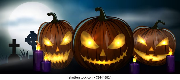 Night cemetery, crosses, tombstones and graves horizontal banner. Carved Halloween pumpkins. Colorful scary Halloween illustration. Vector