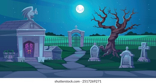 Night cemetery. Dark graveyard landscape, old stone tombstones and crosses, rip inscriptions, family crypt, full moon cartoon landscape gothic. Halloween nightmare background tidy vector concept