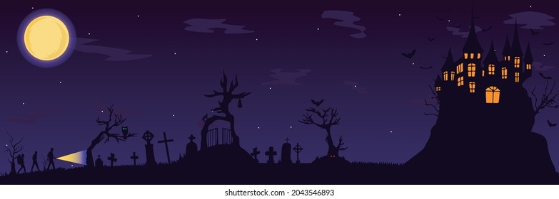 night in the cemetery exploring night sky bats castle black silhouettes halloween vector illustration full moon