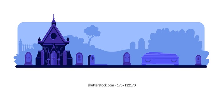 Night cemetery flat color vector illustration. Tombstones and old crypt building. Coffin and graves. Spooky graveyard 2D cartoon landscape with gravestones and trees on background