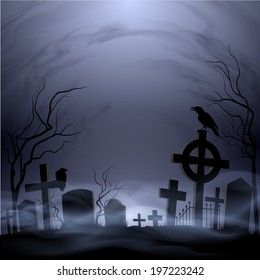 Night cemetery. Headstones and crosses. Clouds and fog.