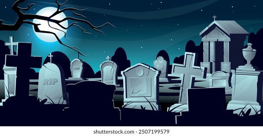 Night cemetery landscape. Ancient tombstones. Halloween background. Old gothic stone crypt. RIP inscription. Full moon in sky. Autumn bare tree. Scary graveyard panorama