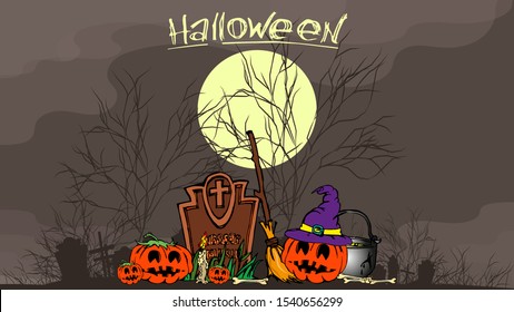 Night, cemetery, silhouettes of trees, graves and crosses. In the foreground is a Halloween pumpkin party next to the grave. In the background is a large moon. Vector illustration