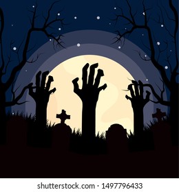 night cemetery zombie hands trick or treat - happy halloween party vector illustration