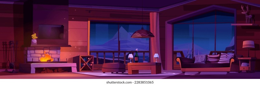 Night chalet interior with fireplace cartoon illustration. Living room in winter cabin with mountain view window and terrace vector background. Wine bottle on table near couch in hotel apartment.