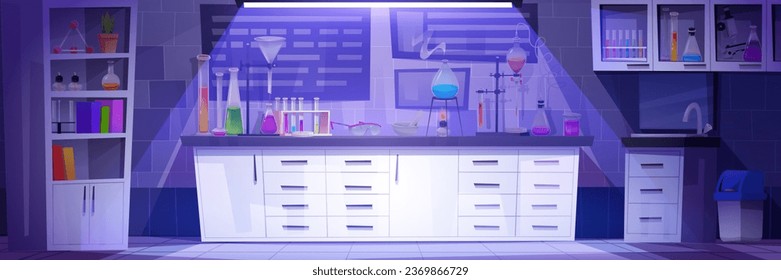 Night chemical laboratory interior with equipment. Vector cartoon illustration of dark lab room with furniture and tools, colorful fluid in flasks, test tubes, beakers, protective glasses on desk