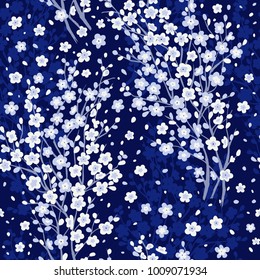 Night cherry blossom. Fashionable seamless pattern. Beautiful floral background.  Vector illustration. 