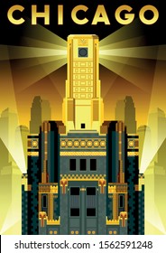 Night Chicago Skyscraper In The Style Of The 30s Of The 20th Century. Handmade Drawing Vector Illustration. Art Deco Retro Poster Style.