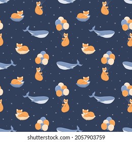 Night childish seamless pattern with cute animals. Vector dark background. Blue whale, red fox on a pillow, sable on balloons. Design for poster, package, wallpaper, fabric print or cover.